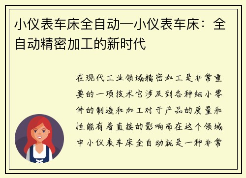 小仪表车床全自动—小仪表车床：全自动精密加工的新时代