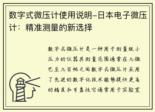 数字式微压计使用说明-日本电子微压计：精准测量的新选择